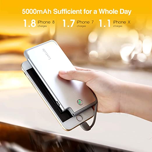 Luxtude 5000mAh Chargeur Portable pour iPhone, Batterie Externe Certifiée Apple Mfi Ultra Mince intégrée dans un câble Lightning, Banque d'énergie à chargement rapide pour iPhone 12/11 Pro/X/XR/XS Max/8/7/6S/6 Plus/6.